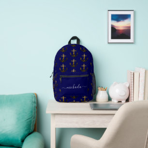Anker Goud nepsparels navyblauw Monogram naam Bedrukte Rugzak