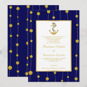 Anker, gouden kralen marineblauw nautische bruilof kaart (Voorkant / Achterkant)