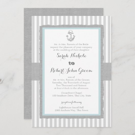 Anker Grey Stripes Strandbruiloft Kaart (Voorkant / Achterkant)