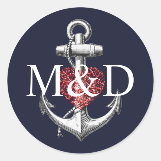 Anker hart marine bruiloft ronde sticker (Voorkant)