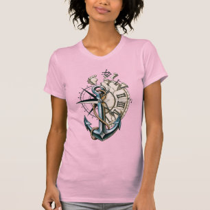Anker Kompas Klok Vintage Nautilus Tattoo Ontwerp T-shirt