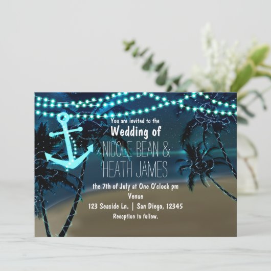 Anker Lichten & Palm Bomen Bruiloft Uitnodigingen (Staand voorkant)