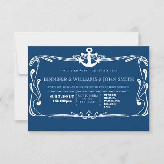 Anker Marine Blauwe Bestemming Huwelijksuitnodigin Kaart (Voorkant)