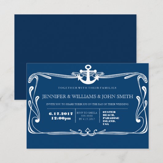 Anker Marine Blauwe Bestemming Huwelijksuitnodigin Kaart (Voorkant / Achterkant)
