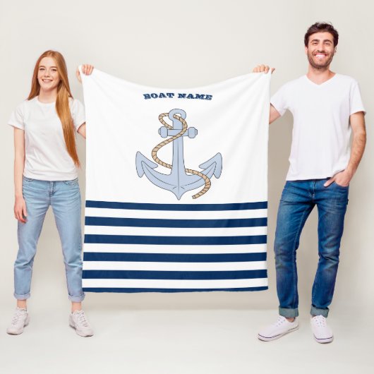 Anker Marineblauw Wit Gestreept Fleece Deken (In situ)