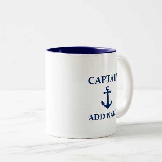  anker met captain naam of bootnaam tweekleurige koffiemok (Voorkant rechts)