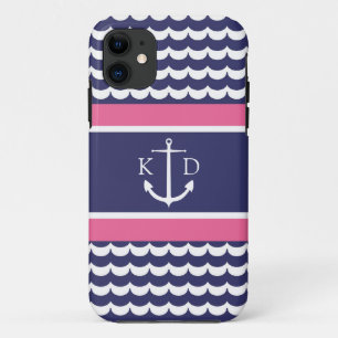 Anker met golven en monogram marine & roze iPhone 11 hoesje