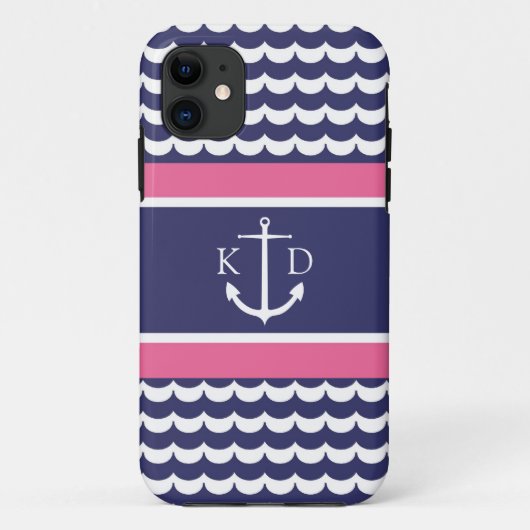 Anker met golven en monogram marine & roze Case-Mate iPhone case (Achterkant)