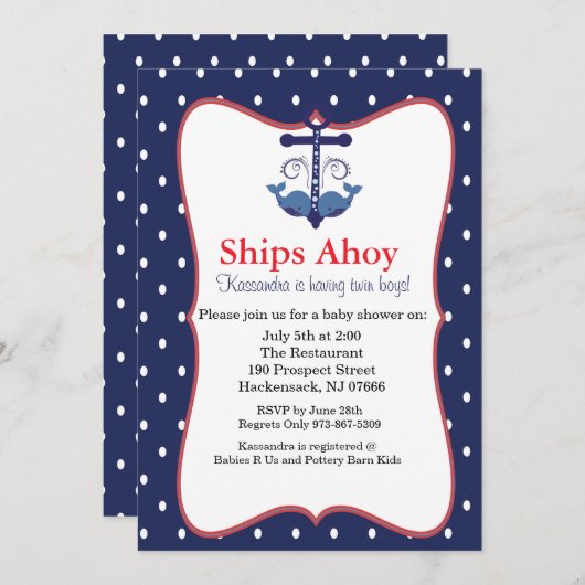 Anker Met Walvissen Voor Tweeling Baby shower Uitn Kaart (Voorkant / Achterkant)