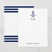 Anker Monogram & Naam Marine Blauw & Witte Strepen Notitiekaartje (Voorkant / Achterkant)