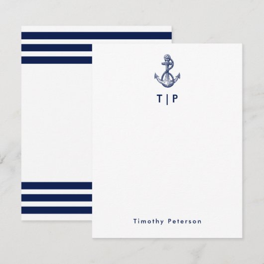 Anker Monogram & Naam Marine Blauw & Witte Strepen Notitiekaartje (Voorkant / Achterkant)