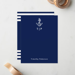 Anker Monogram & Naam Marine Blauw & Witte Strepen Notitiekaartje