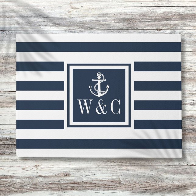 Anker Monogram Nautisch Blauw Streep Deurmat (Nautical Anchor Monogram Navy Blue Stripe Doormat)