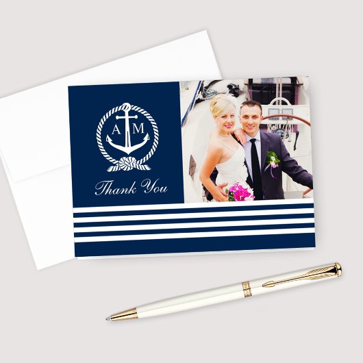 Anker Monogram Nautische Foto Bruiloft Bedankkaart