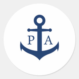 Anker Monogram Navy Blauw Scheepvaart Huwelijk Ronde Sticker