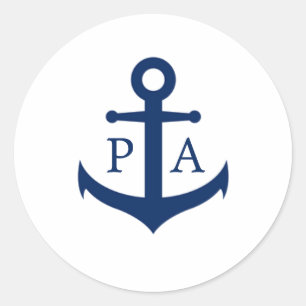 Anker Monogram Navy Blauw Scheepvaart Huwelijk Ronde Sticker