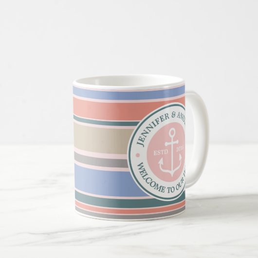 Anker monogram rendy stripes roze neautisch strand koffiemok (Voorkant rechts)