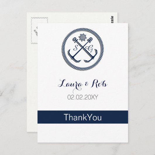 Anker Monogrammen, nautische bruiloft Dank u kaart (Voorkant / Achterkant)