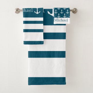 Anker Nautical Blauw En Wit Strepen Naam Bad Handdoek