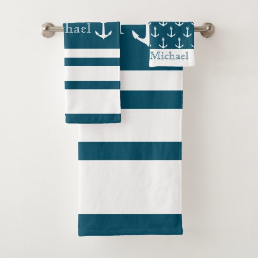 Anker Nautical Blauw En Wit Strepen Naam Bad Handdoek (Insitu)