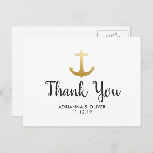 Anker Nautical Faux Gold Folie | Bruiloft dank u Briefkaart (Voorkant / Achterkant)