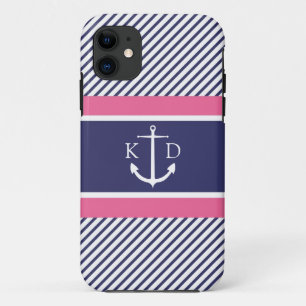 Anker & Nautical Stripes & Monogram Navy & Roze Case-Mate iPhone Case