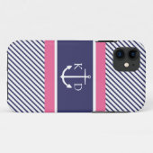 Anker & Nautical Stripes & Monogram Navy & Roze Case-Mate iPhone Case (Achterkant (horizontaal))