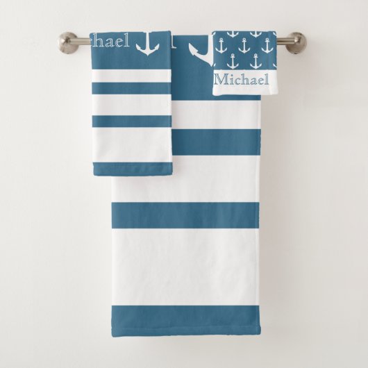 Anker Nautilus Kust Blauw Witte Strepen Naam Bad Handdoek (Insitu)