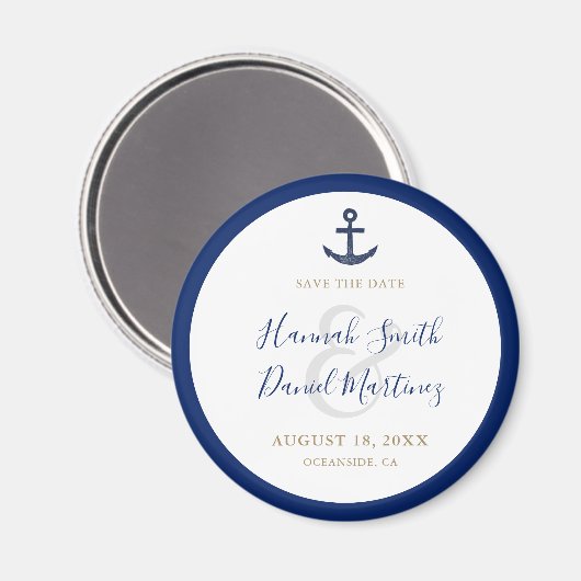 Anker Nautisch Blauw Bruiloft Save the Date Round Magneet (Voorkant / Achterkant)