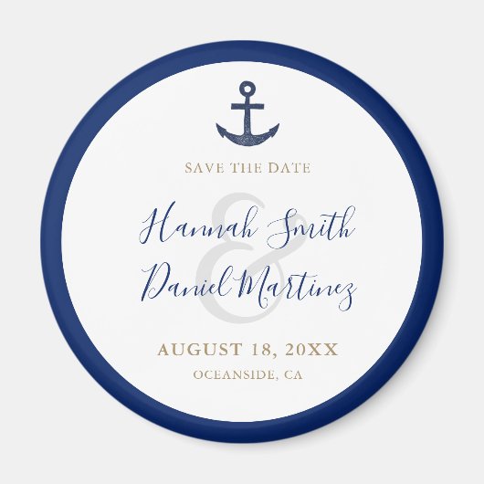 Anker Nautisch Blauw Bruiloft Save the Date Round Magneet (Voorkant)