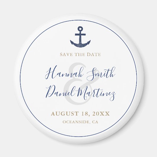 Anker Nautisch Blauw Bruiloft Save the Date Round Magneet (Voorkant)