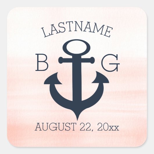 Anker Nautische Blush en Marine Blauw Monogram Vierkante Sticker (Voorkant)