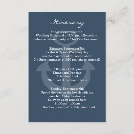 Anker Navy Blauwe Reisplan Informatiekaartje (Voorkant)