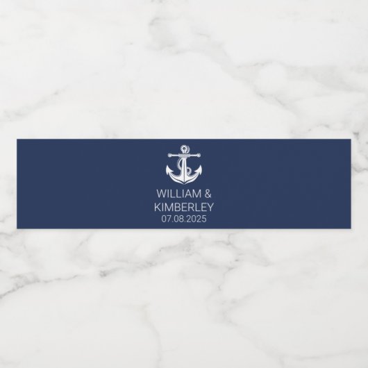 Anker Navy Blue nautische elegante bruiloft Waterfles Etiket (Enkel label)