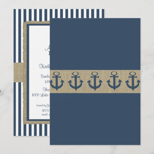 Anker Navy Blue Stripes Baby shower Kaart (Voorkant / Achterkant)