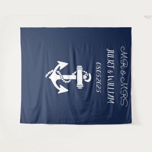 Anker Navy Mr. & Mrs. Bruiloft Achtergrond banner Wandkleed (Voorkant (horizontaal))
