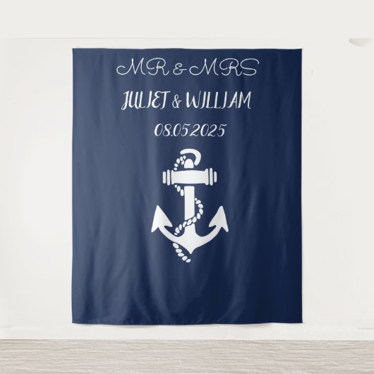 Anker Navy Mr. & Mrs. Bruiloft Achtergrond banner Wandkleed (Voorkant)