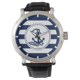 Anker op de Nautical Blue and White Stripes Sailor Horloge