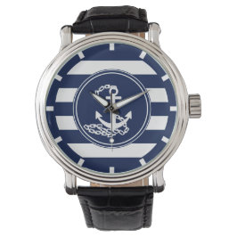 Anker op de Nautical Blue and White Stripes Sailor Horloge