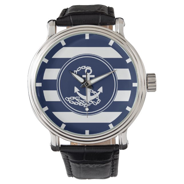 Anker op de Nautical Blue and White Stripes Sailor Horloge (Voorkant)