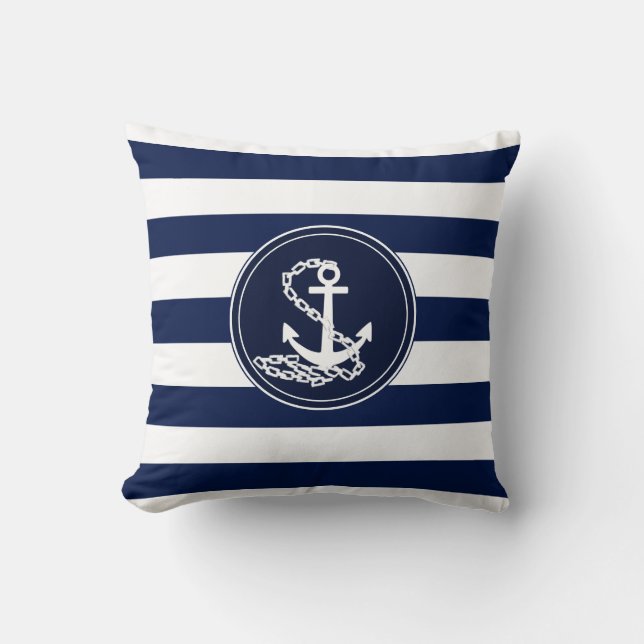 Anker op de Nautical Blue and White Stripes Sailor Kussen (Voorkant)