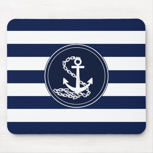 Anker op de Nautical Blue and White Stripes Sailor Muismat (Voorkant)