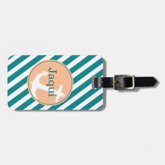 Anker op de strepen | blauwgroen perzik bagagelabel (Voorkant horizontaal)