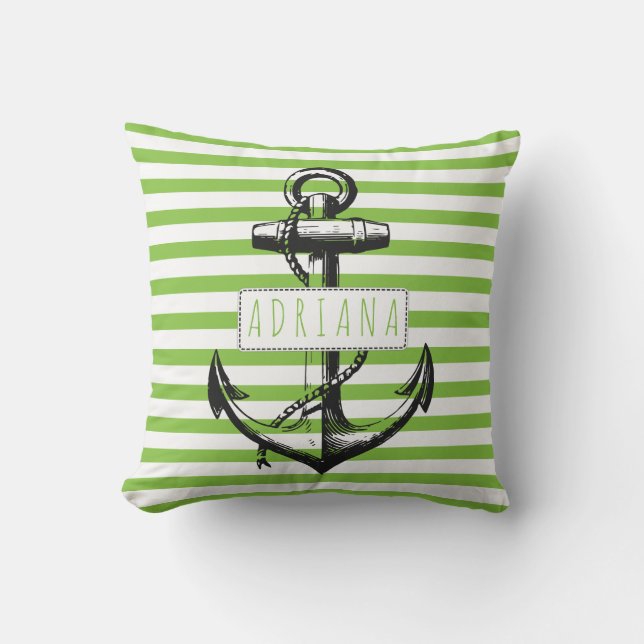  anker op groen gestreepte patroon nautisch buitenkussen (Voorkant)
