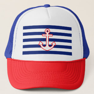 Anker op Nautical Navy Blue Stripes Print Trucker Pet