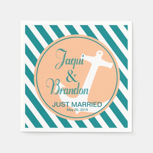 Anker op Nautische Strepen | blauwgroen perzik Servet (Voorkant)