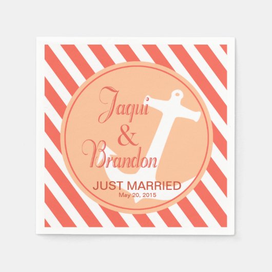 Anker op Nautische Strepen | koraalperzik Servetten (Voorkant)