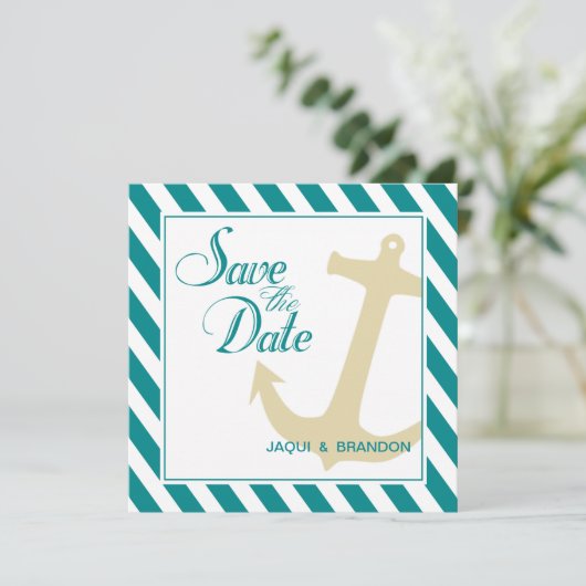 Anker op Strepen Bewaar de Datum | turquoise wit Save The Date (Staand voorkant)