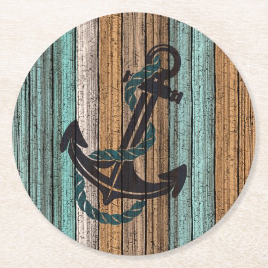 Anker op  Woodenplank Ronde Kartonnen Onderzetter (Voorkant)