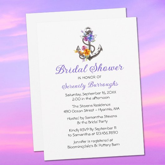 Anker Paarse Bloemen Nautisch Vrijgezellenfeest Kaart